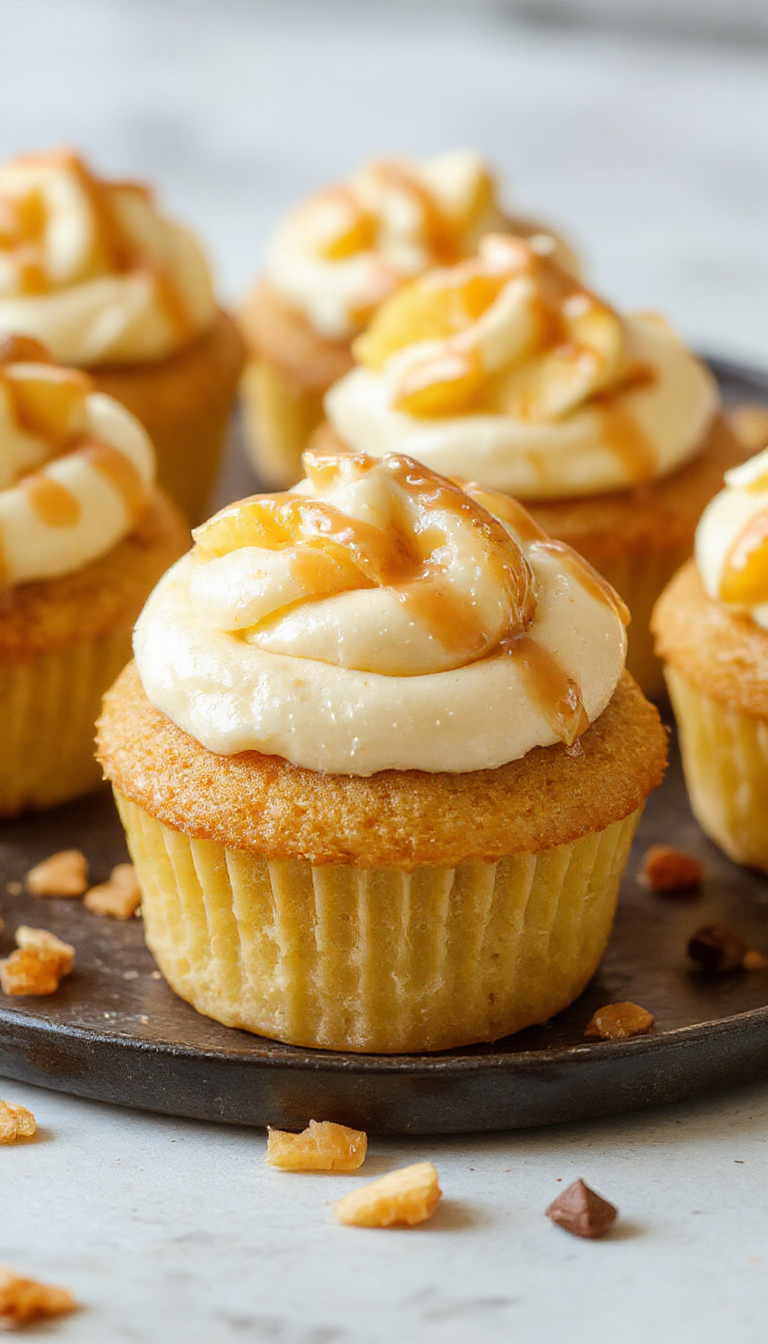 A close-up of Honey Peach Cream Cheese Cupcakes featuring golden-brown tops, topped with fresh peach slices and a swirl of cream cheese frosting.