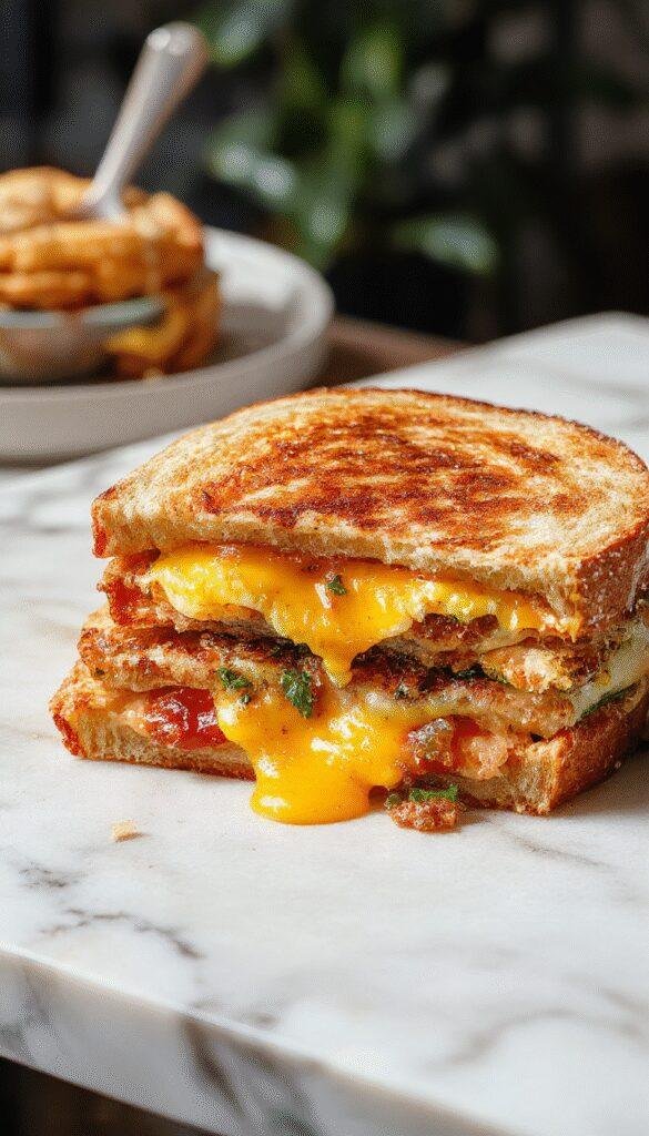 A golden, crispy grilled cheese sandwich on a plate, with melted cheese oozing out, ready for breakfast.