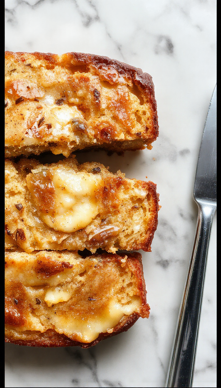 A slice of golden banana bread on a rustic plate with fresh bananas and a cup of coffee in the background.