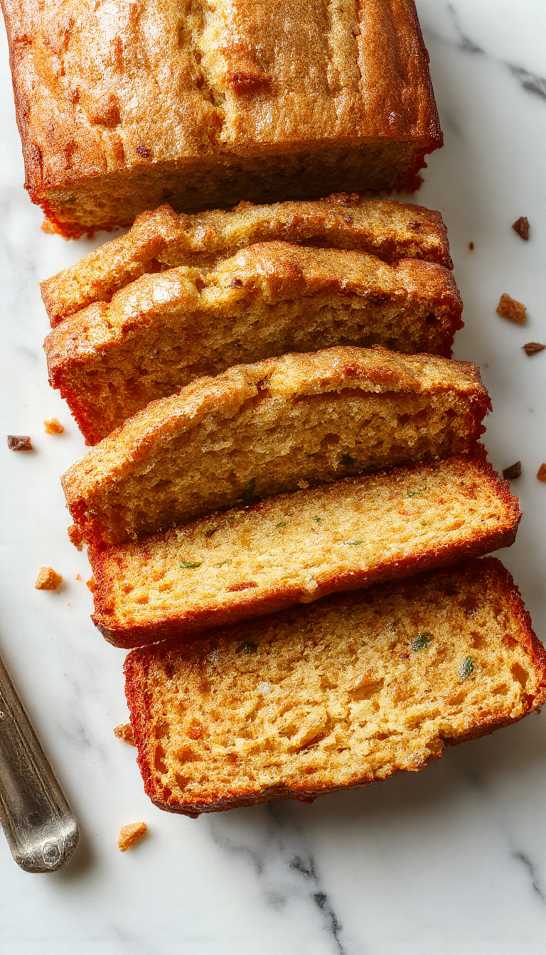 A freshly sliced loaf of moist zucchini bread garnished with a dusting of powdered sugar, showcasing its soft, tender crumb and vibrant zucchini bits.