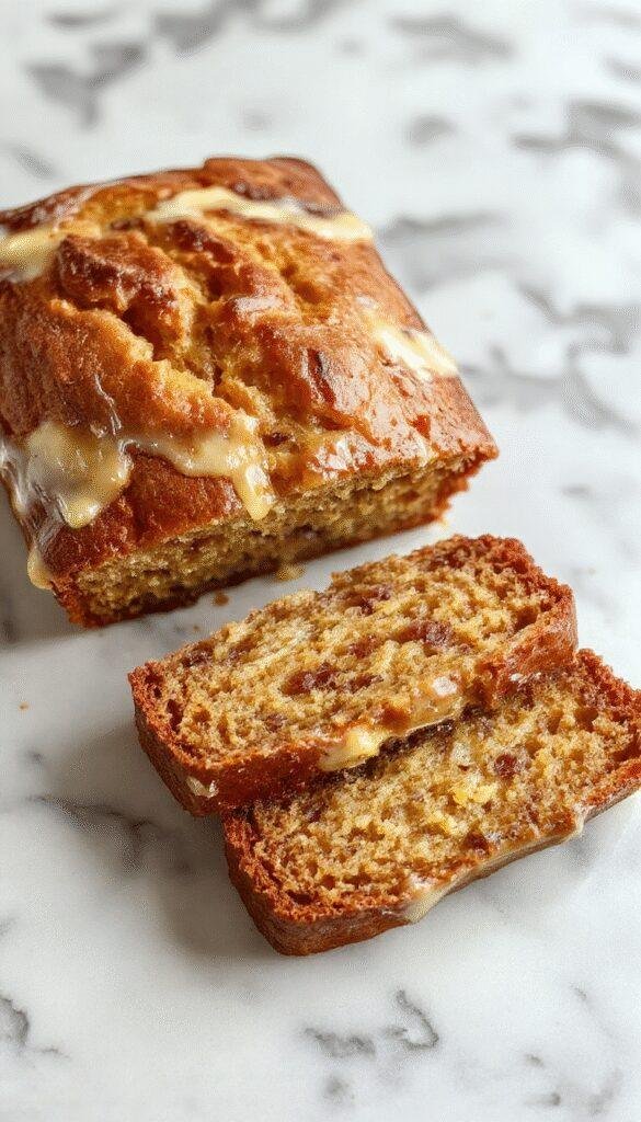 A slice of moist banana bread with a golden crust, displaying a soft, airy crumb filled with ripe banana pieces.