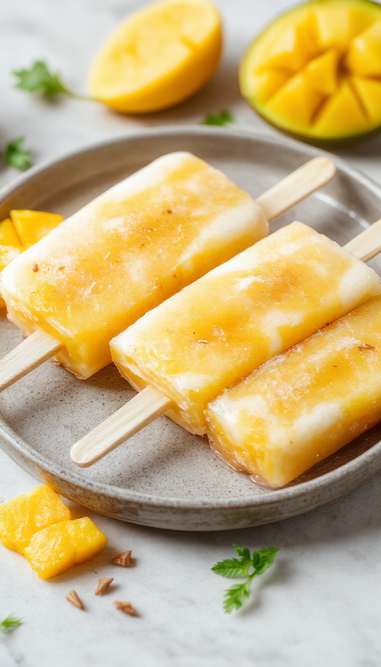 A tray of colorful tropical mango coconut popsicles melting slightly in the summer sun, garnished with fresh fruit and coconut flakes.