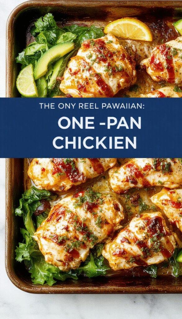 Colorful tropical Hawaiian chicken sheet pan dinner with roasted vegetables, pineapple chunks, and fresh herbs on a baking tray.