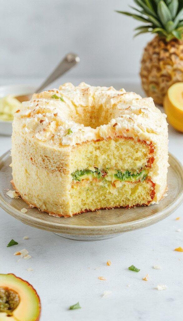 A vibrant tropical pandan coconut cake decorated with fresh fruit and shredded coconut, set on a tropical-themed plate.