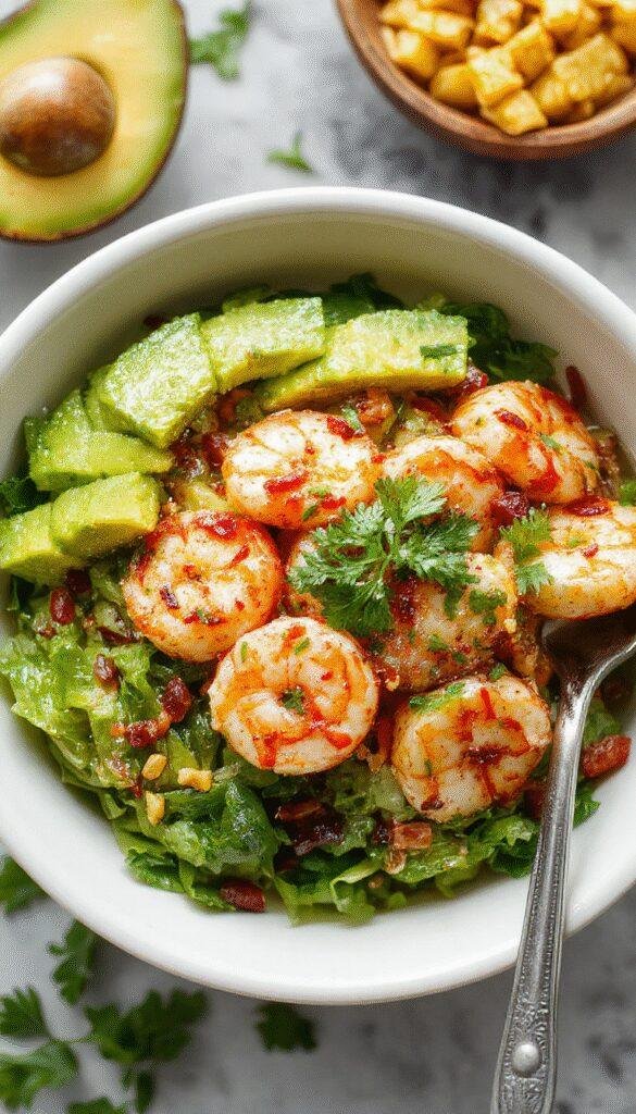 Colorful Tropical Shrimp & Avocado Bowls topped with vibrant mango salsa and fresh herbs, perfect for summer dining.