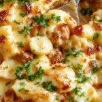 A baked casserole dish featuring golden cheesy ground turkey pasta with melted cheese topping, garnished with fresh herbs.