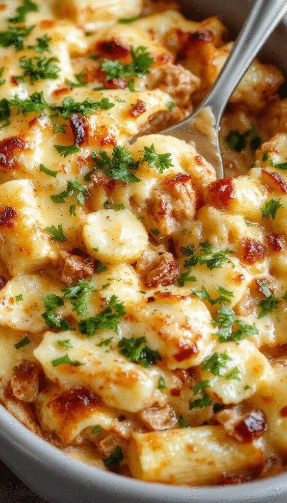 A baked casserole dish featuring golden cheesy ground turkey pasta with melted cheese topping, garnished with fresh herbs.