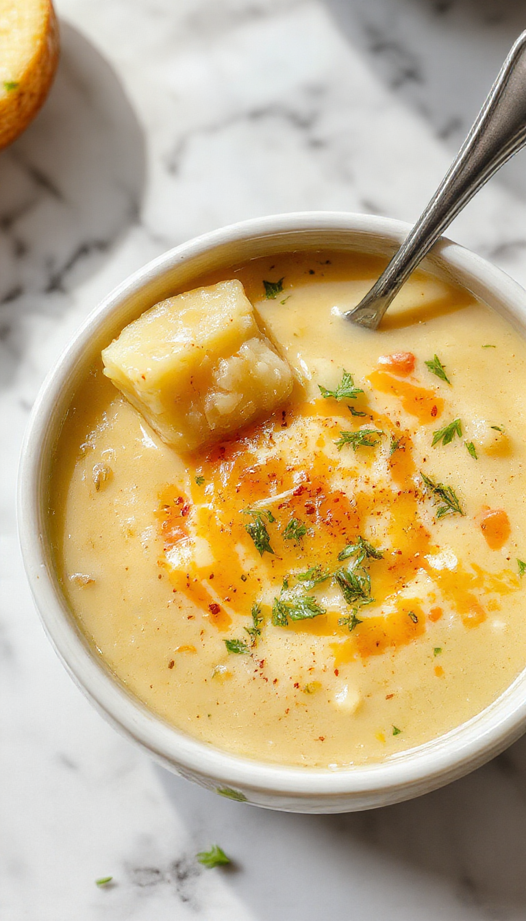 A steaming bowl of Ultimate Creamy Cheddar Garlic Herb Potato Soup garnished with herbs and a side of crusty bread, perfect for cozy comfort.