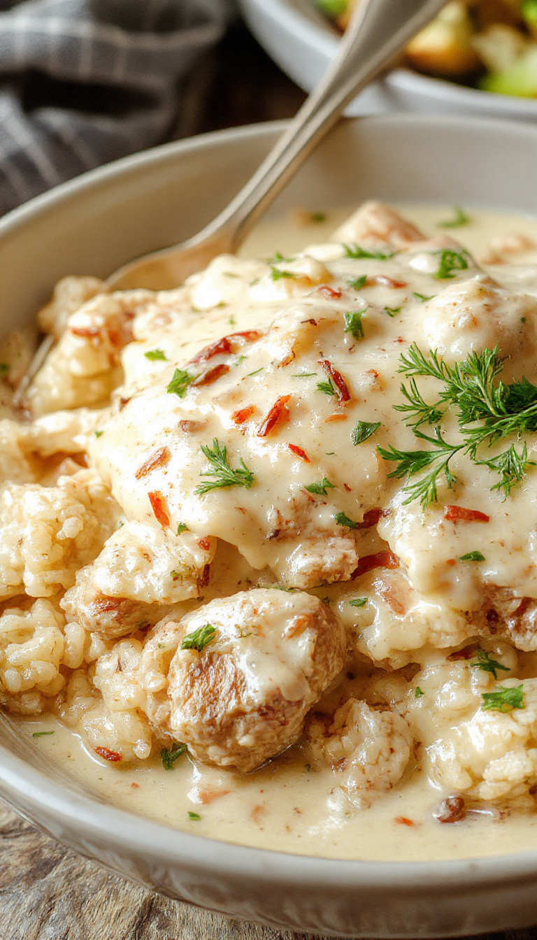 A plate of creamy smothered chicken served over fluffy rice, garnished with fresh herbs and a rich, velvety sauce surrounding the tender chicken pieces.