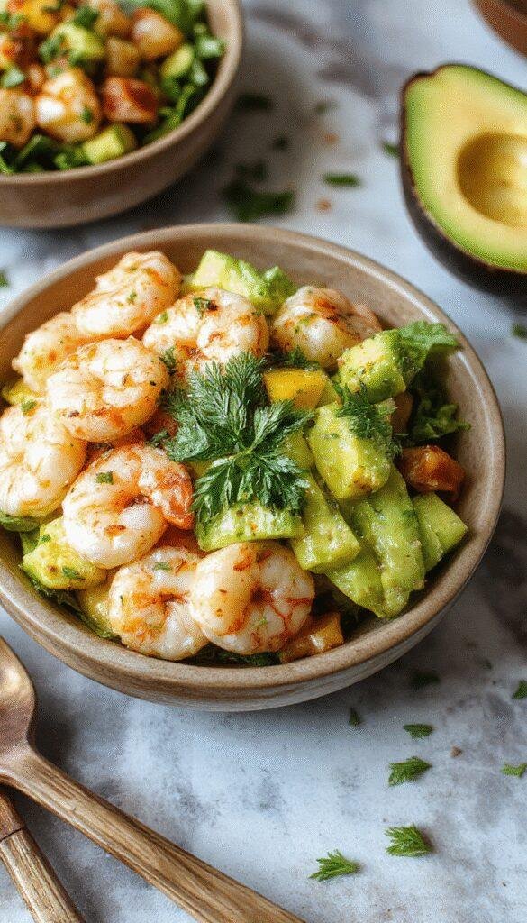 Colorful shrimp and avocado bowls topped with fresh mango salsa, garnished with herbs on a bright summer plate.
