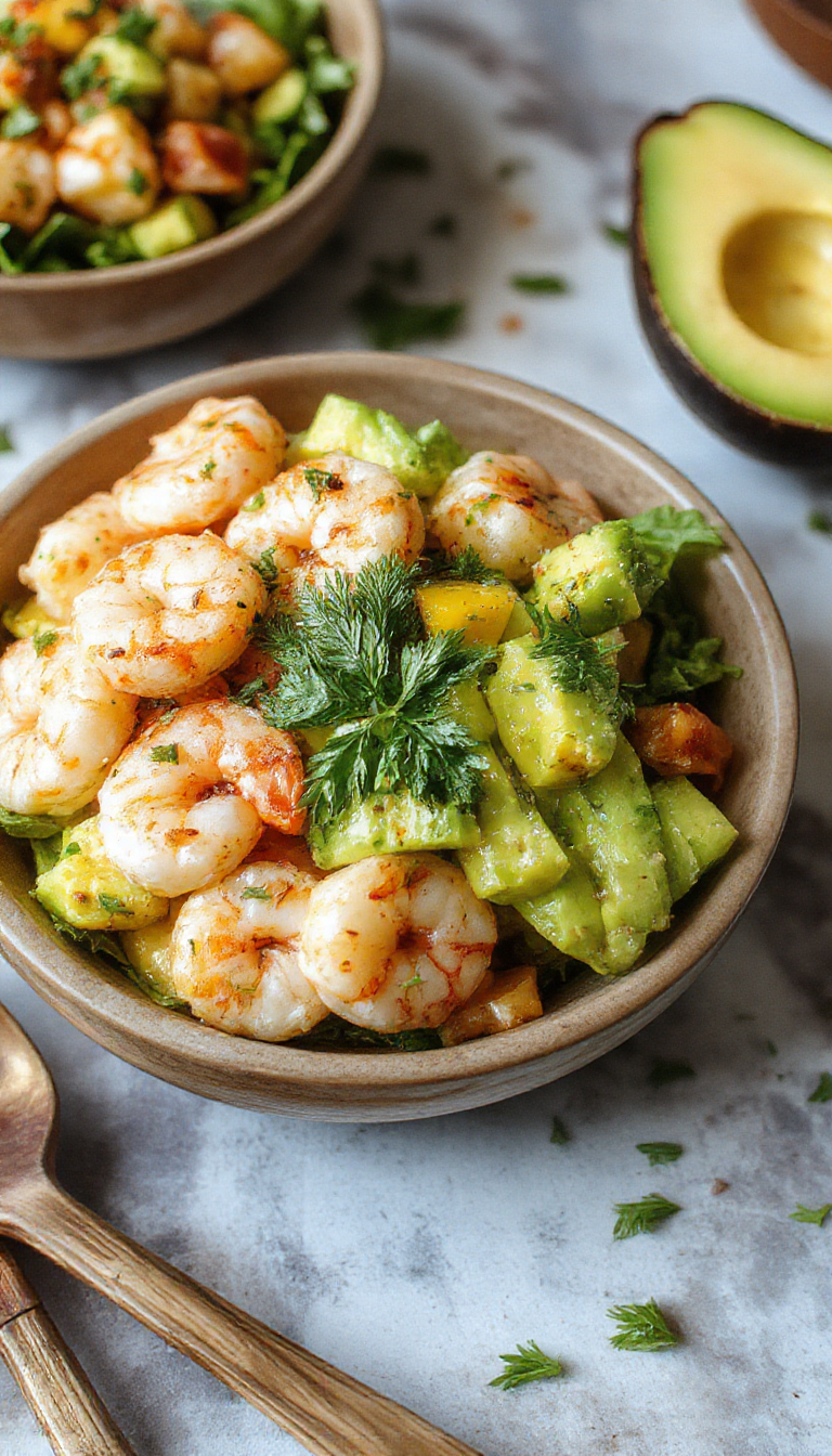 Colorful shrimp and avocado bowls topped with fresh mango salsa, garnished with herbs on a bright summer plate.