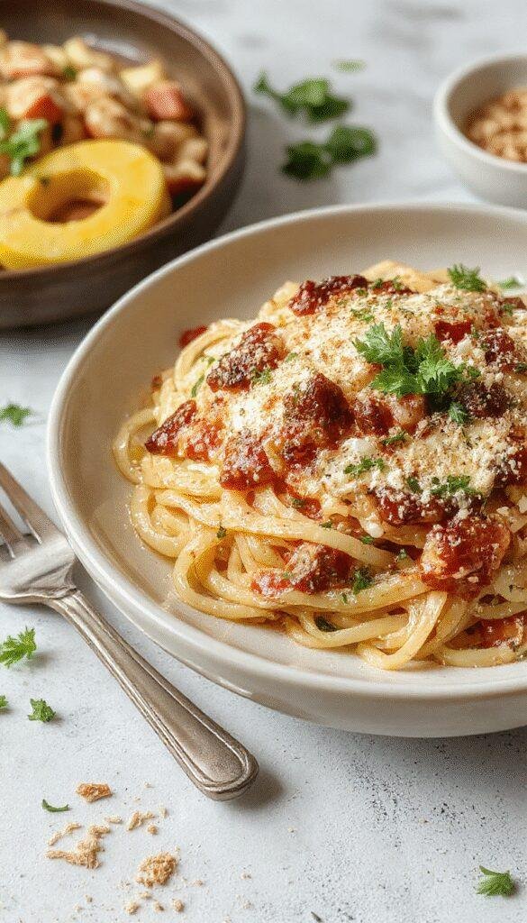 A vibrant plate of Assassin's Spaghetti featuring tangled spaghetti noodles topped with fresh herbs and spicy chili flakes, served without cheese.