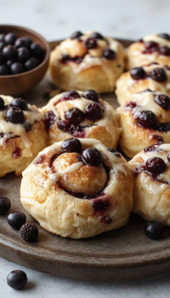 A plate of Viral Wild Blueberry Ricotta Sweet Buns arranged on a rustic wooden table, topped with powdered sugar and fresh blueberries.