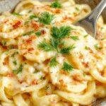 A bowl of creamy lemon Alfredo pasta garnished with fresh herbs and lemon slices, showcasing a vibrant yellow sauce coating tender pasta.