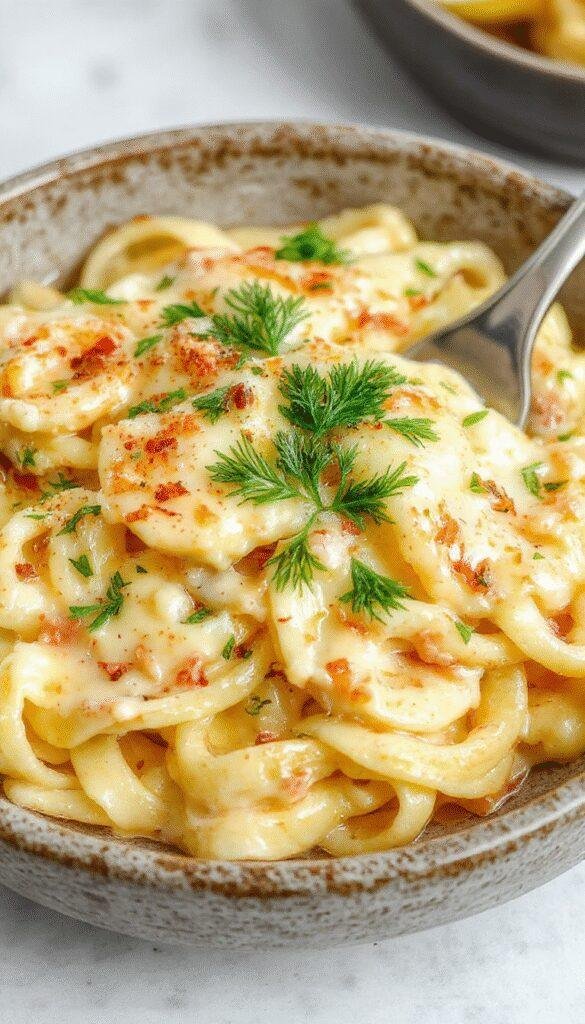 A bowl of creamy lemon Alfredo pasta garnished with fresh herbs and lemon slices, showcasing a vibrant yellow sauce coating tender pasta.