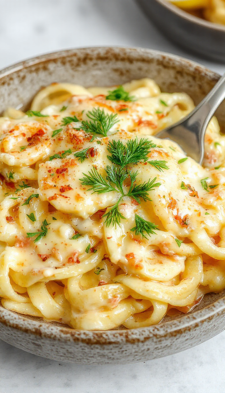 A bowl of creamy lemon Alfredo pasta garnished with fresh herbs and lemon slices, showcasing a vibrant yellow sauce coating tender pasta.