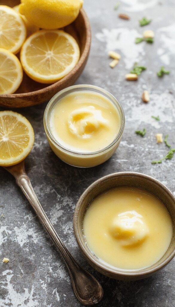 A vibrant jar of bright yellow lemon curd garnished with lemon zest and fresh mint, surrounded by ripe lemons on a rustic wooden table.