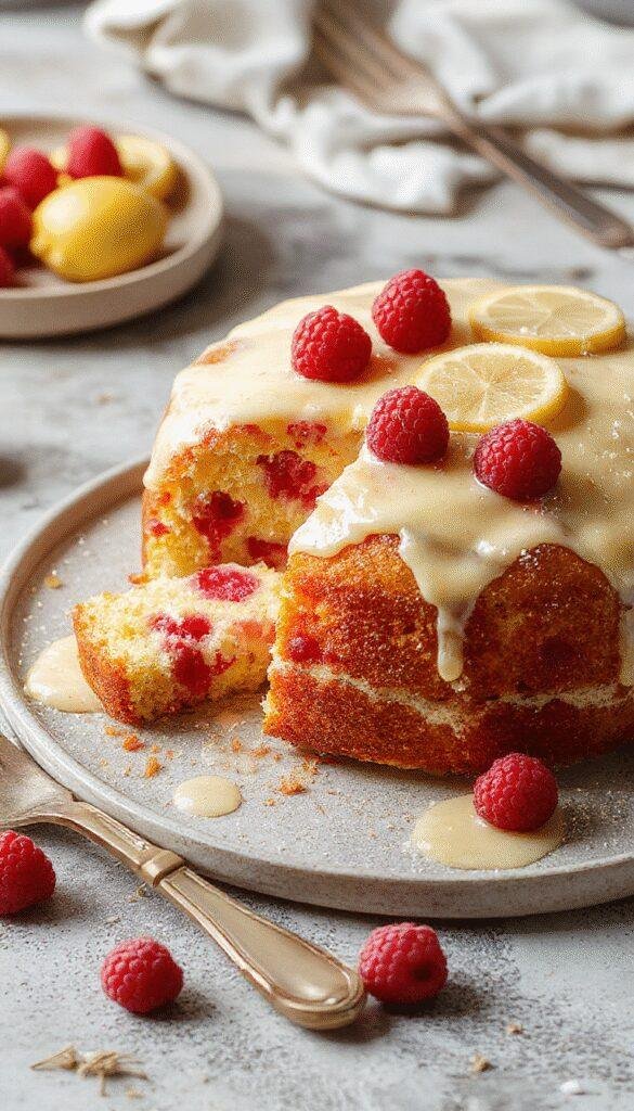 A vibrant lemon raspberry cake with bright yellow sponge layers topped with fresh raspberries and zesty lemon slices, garnished with mint leaves.