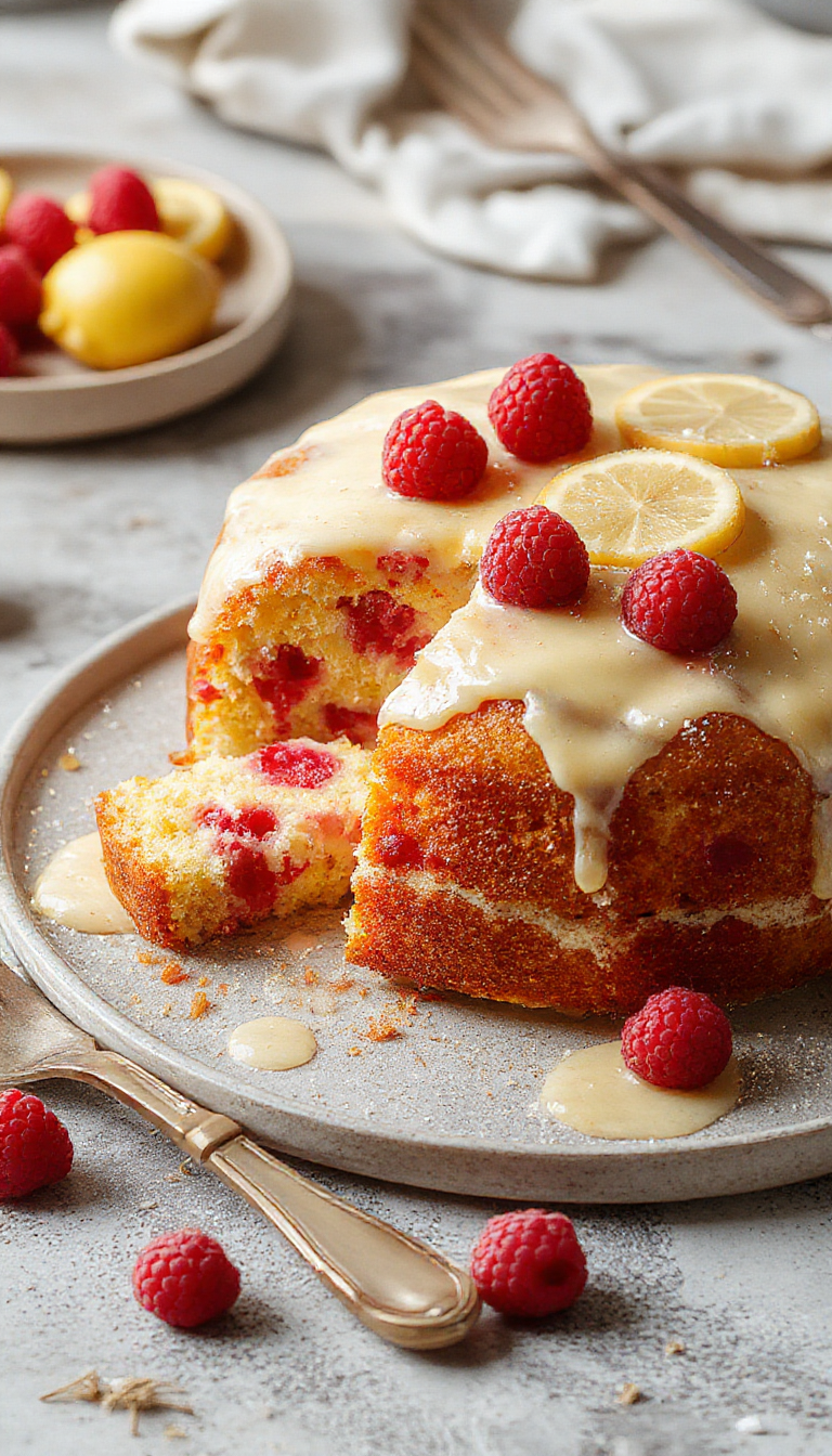 A vibrant lemon raspberry cake with bright yellow sponge layers topped with fresh raspberries and zesty lemon slices, garnished with mint leaves.