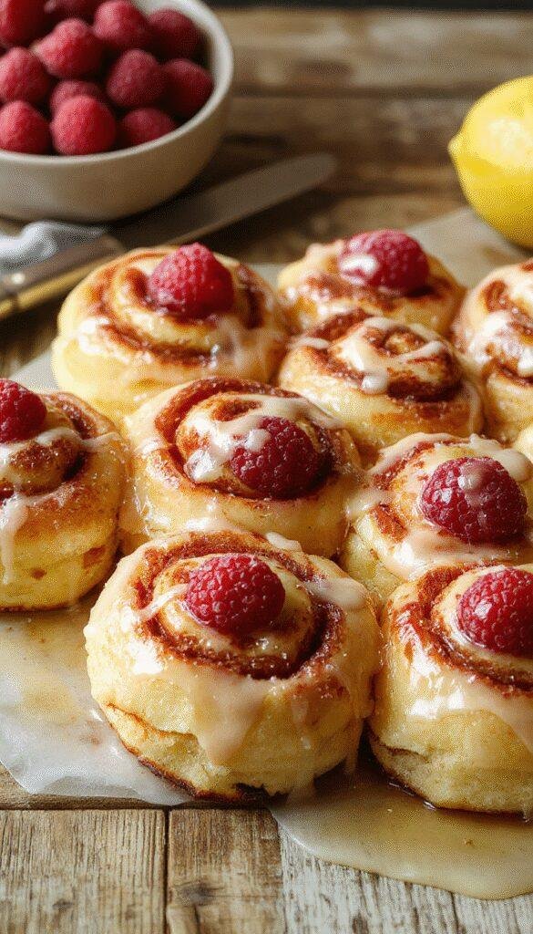 A plate of freshly baked Zesty Lemon Raspberry Cinnamon Rolls topped with glaze and garnished with fresh raspberries and lemon zest