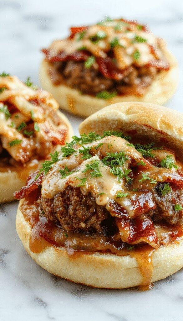 A plate of savory bacon cheeseburger meatballs glazed with bourbon BBQ sauce, garnished with fresh herbs and served alongside toasted buns.