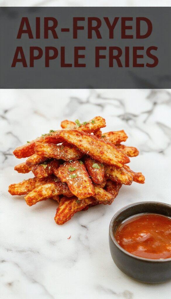 Golden crispy air-fried apple fries served with a sprinkle of cinnamon on a rustic plate.