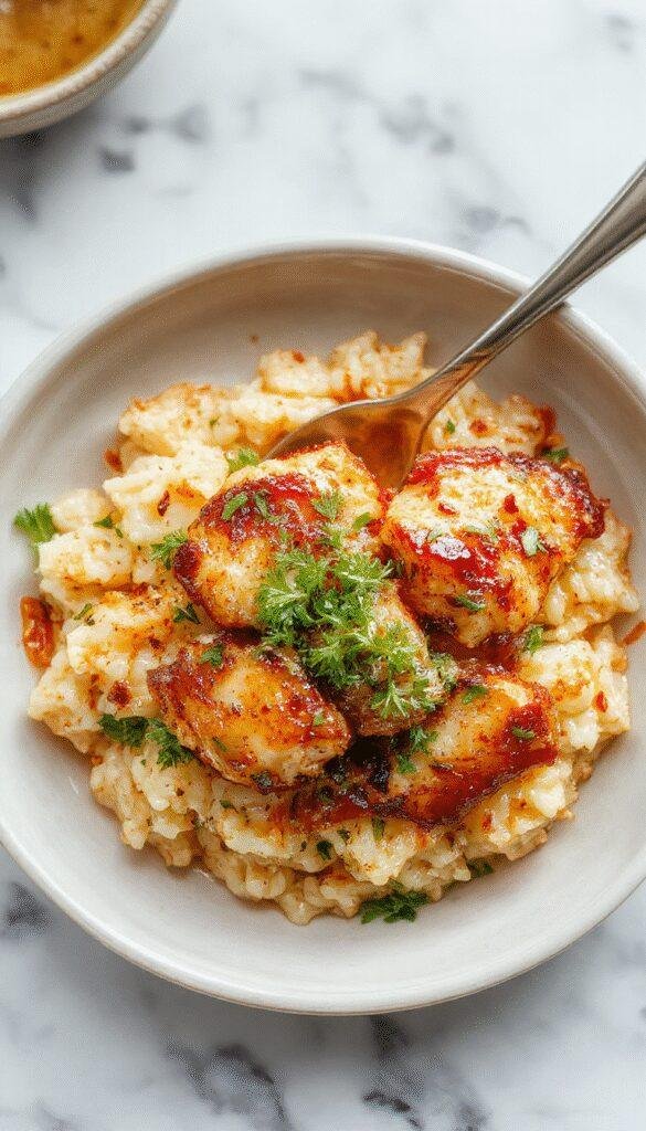Aromatic Golden Chicken and Rice served on a plate garnished with herbs, with golden crispy chicken pieces and fluffy rice nestled together.