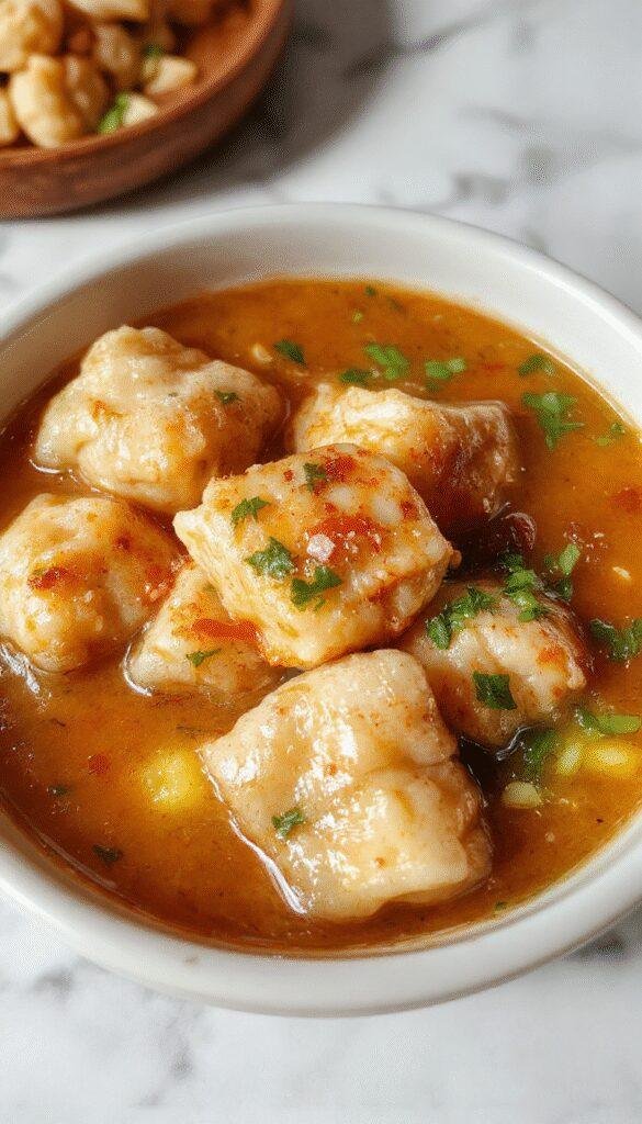 A vibrant bowl of Asian dumpling potsticker soup featuring golden-brown potstickers floating in clear, savory broth, garnished with chopped green onions and sesame seeds, with steam gently rising to highlight the warm, comforting dish.