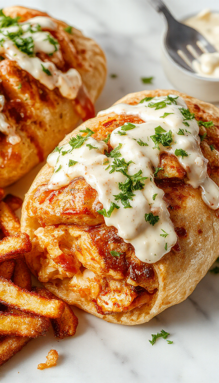 A vibrant plate featuring succulent Greek chicken gyros topped with crumbled feta cheese, served with creamy tzatziki sauce, fresh vegetables, and warm pita bread.
