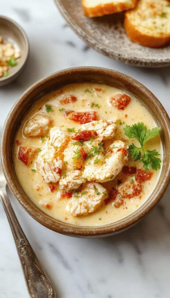 A comforting bowl of Autumn's Embrace White Chicken Chili featuring shredded chicken, white beans, corn, and seasonings garnished with cilantro, served in a rustic bowl.