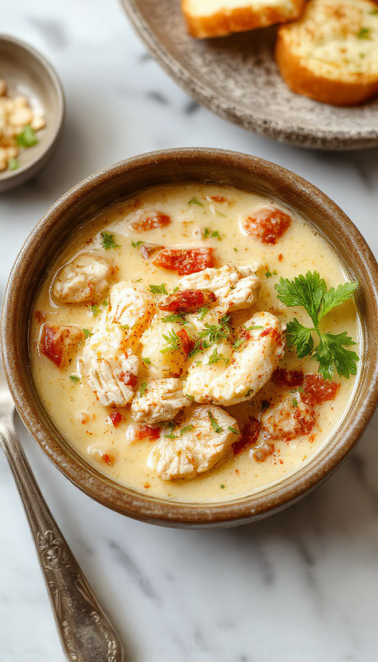 A comforting bowl of Autumn's Embrace White Chicken Chili featuring shredded chicken, white beans, corn, and seasonings garnished with cilantro, served in a rustic bowl.