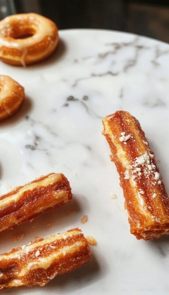 Golden baked churros coated with cinnamon sugar, served on a rustic plate with dipping chocolate and whipped cream.