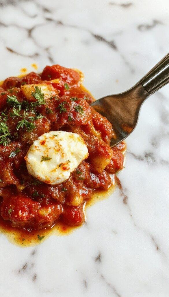 A serving of baked feta and tomato pasta garnished with basil on a rustic plate, showcasing vibrant red tomatoes, melted feta, and al dente pasta.