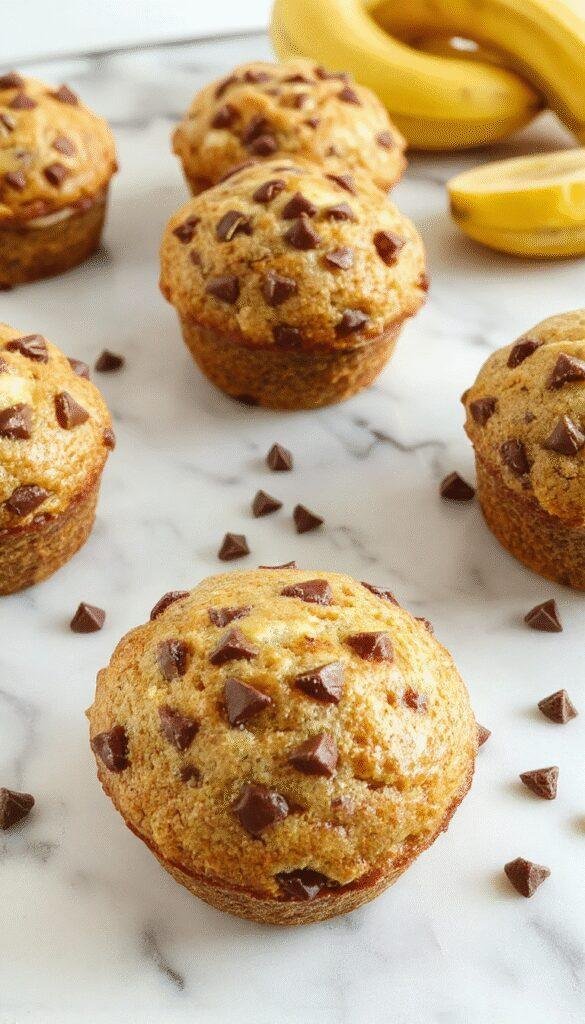 Delicious Banana Chocolate Chip Muffins fresh out of the oven, showcasing golden tops dotted with chocolate chips on a rustic baking tray.