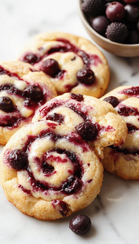 Close-up of blueberry cheesecake swirl cookies with vibrant blueberry and creamy cheesecake swirls on top.