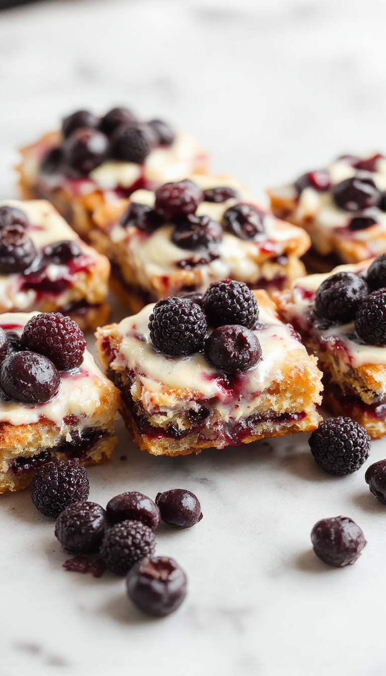 A close-up of vibrant blueberry cream cheese bars showcasing a golden crust topped with swirls of creamy cheese and fresh blueberries, garnished with powdered sugar on a rustic wooden platter, styled with blueberries and mint leaves.