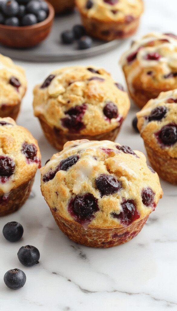 Freshly baked blueberry yogurt muffins with golden tops and bursting blueberries inside, placed on a rustic wooden table.
