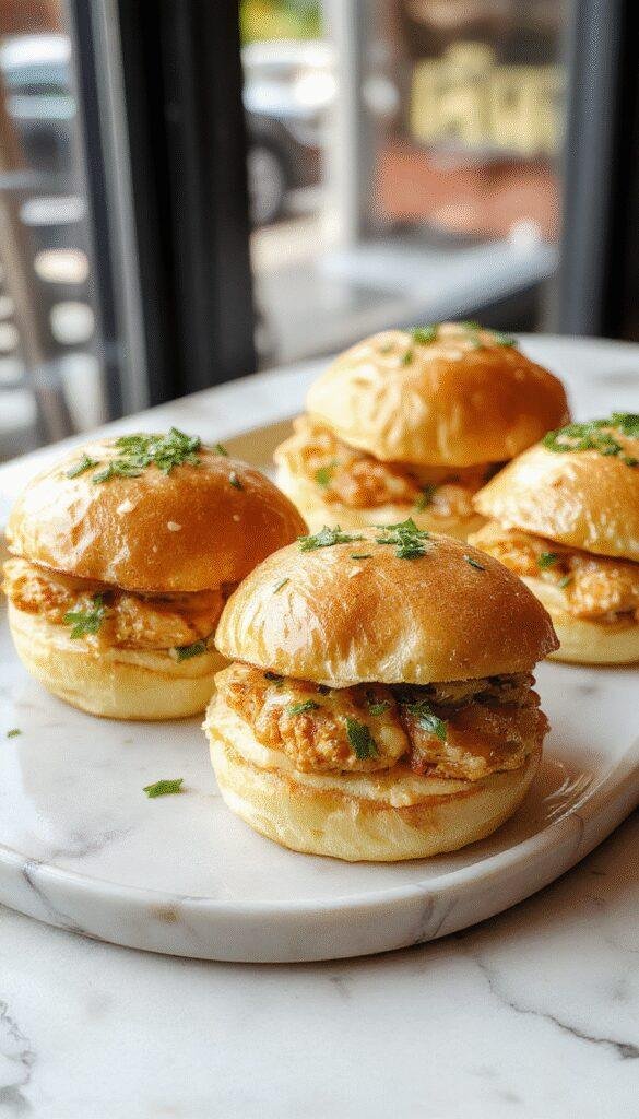Close-up of mini chicken slider bites topped with fresh herbs on a rustic wooden platter, showcasing their juicy and flavorful interior.