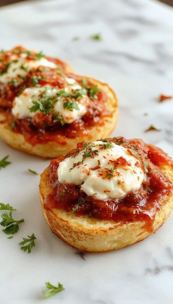 A delicious serving of Burrata Bruschetta topped with fresh basil, cherry tomatoes, and a drizzle of olive oil on toasted baguette slices.