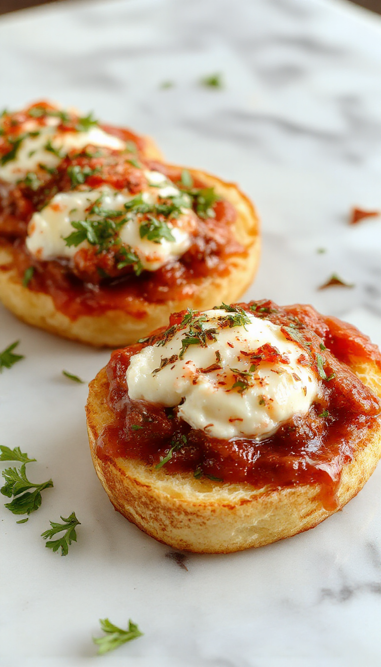 A delicious serving of Burrata Bruschetta topped with fresh basil, cherry tomatoes, and a drizzle of olive oil on toasted baguette slices.