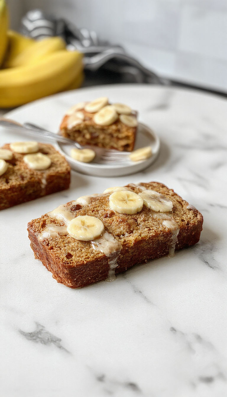 A freshly sliced cafe classic banana bread on a rustic wooden table, with a golden crust and soft, moist interior, garnished with banana slices and walnuts.