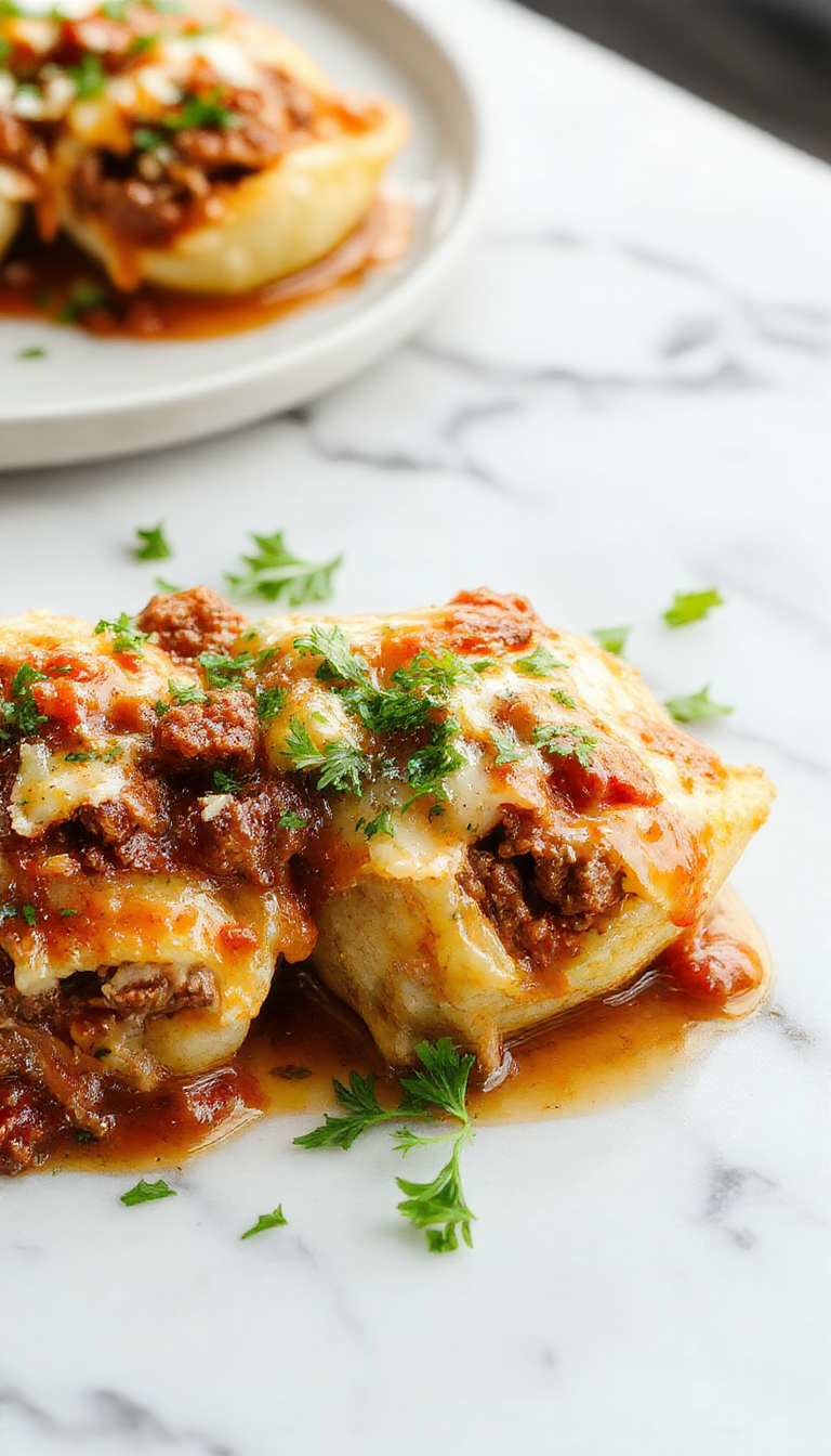 A close-up of baked cheesy beef and ricotta stuffed shells topped with melted cheese and herbs, arranged on a white platter.