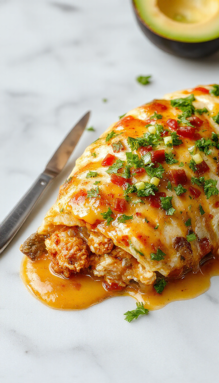 A delicious Cheesy Chicken Burrito Bake in a baking dish, topped with melted cheese and garnished with chopped cilantro, ready to serve.