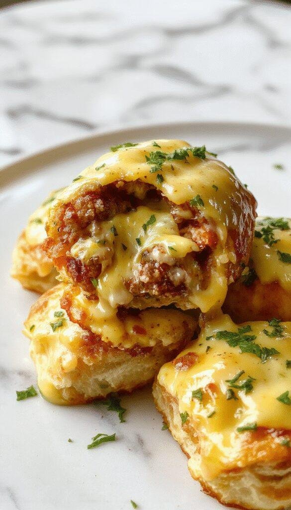 A close-up of golden-brown cheeseburger rollups drizzled with garlic butter, melted cheese oozing out, garnished with fresh herbs on a rustic wooden platter