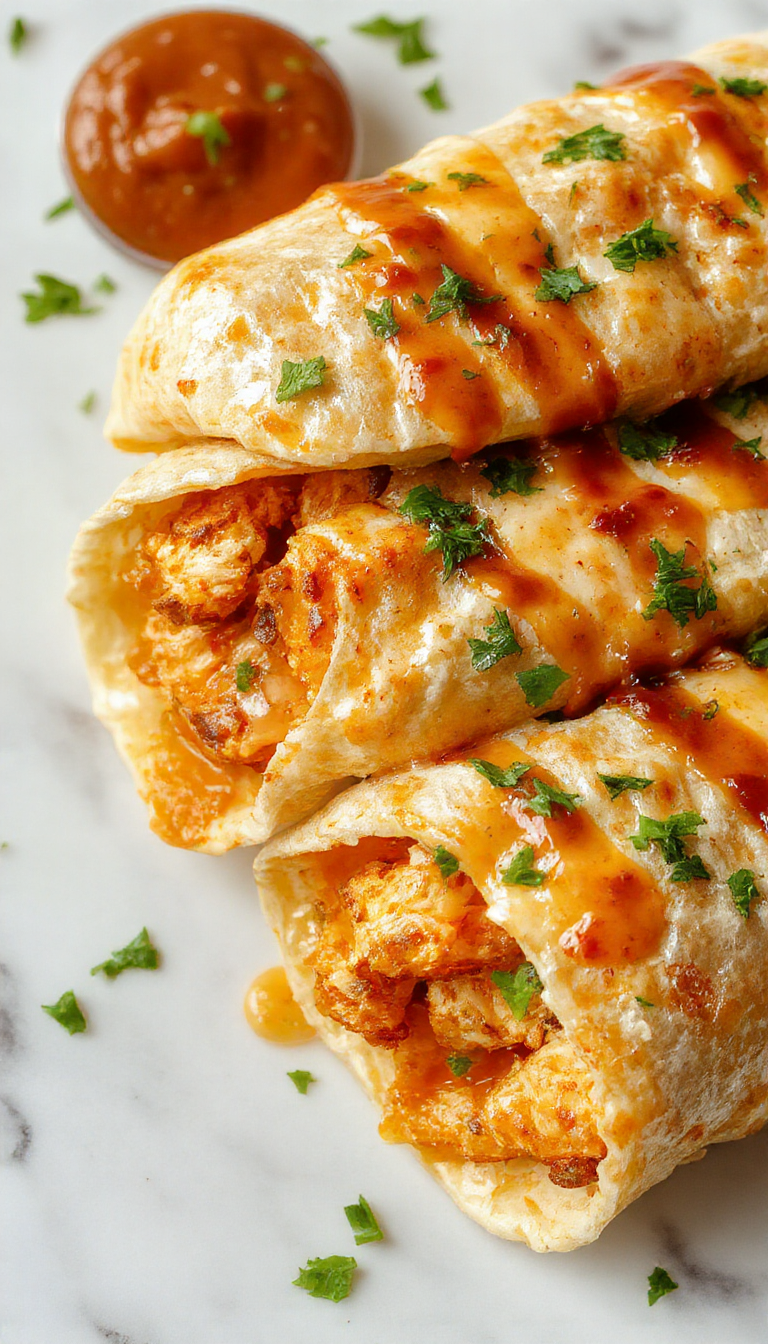 A vibrant plate featuring golden-brown chicken wraps filled with melted cheese, minced garlic, and fresh herbs, sliced open to show gooey cheese and seasoned chicken, garnished with chopped parsley, set against a rustic wooden background with a creamy dipping sauce on the side.