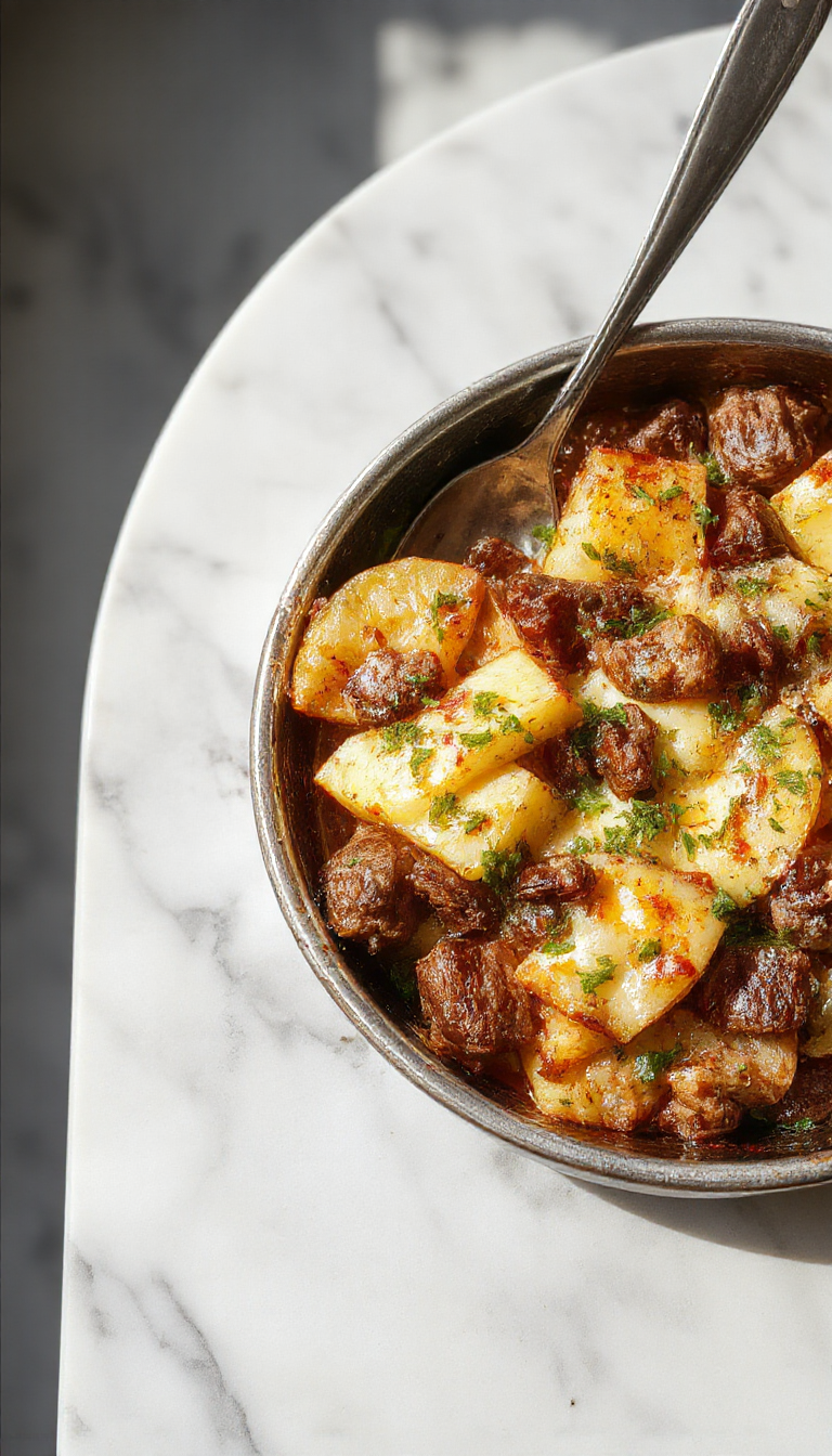 A colorful skillet filled with golden roasted potatoes, tender ground meat, melted cheese bubbling on top, garnished with chopped herbs. The dish is presented in a rustic, black cast-iron skillet on a wooden table with warm, inviting lighting, emphasizing textures and hearty appeal.