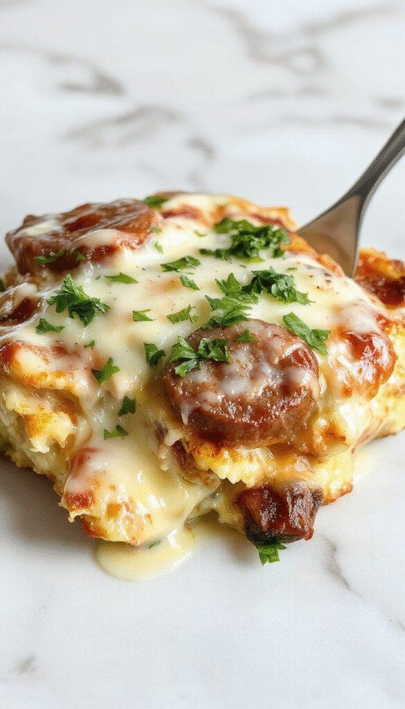 A hearty Cheesy Ranch & Smoked Sausage Bake featuring melted cheese, smoked sausage slices, and fresh herbs served in a baking dish.
