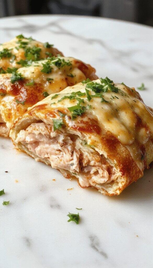 Golden brown Chicken Cordon Bleu Stromboli sliced to reveal melted cheese, ham, and breaded chicken, with a crispy crust on a rustic wooden platter garnished with herbs.