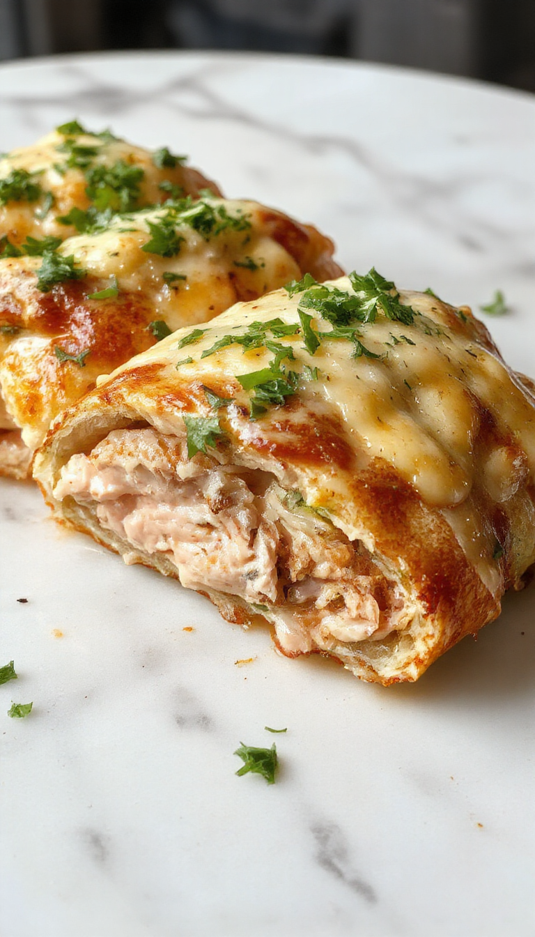 Golden brown Chicken Cordon Bleu Stromboli sliced to reveal melted cheese, ham, and breaded chicken, with a crispy crust on a rustic wooden platter garnished with herbs.