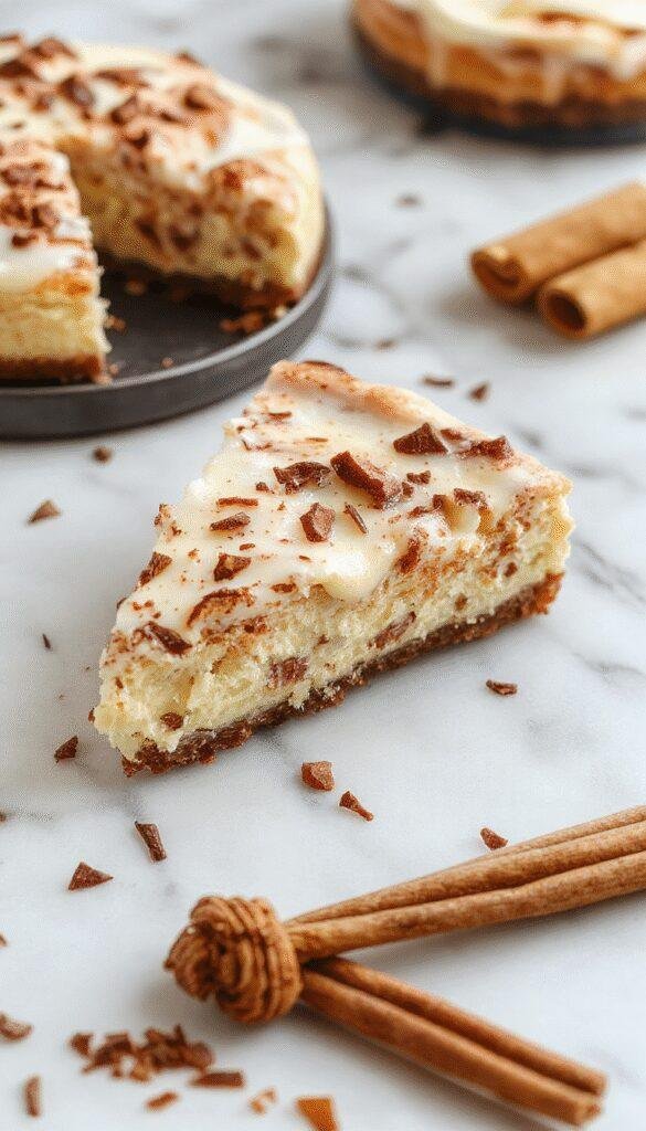 A close-up of a slice of cinnamon-spiced cheesecake with a smooth, creamy filling, topped with a dusting of cinnamon and a drizzle of caramel sauce, presented on a rustic wooden plate with a cinnamon stick garnish and soft, warm lighting highlighting its rich texture and inviting appearance